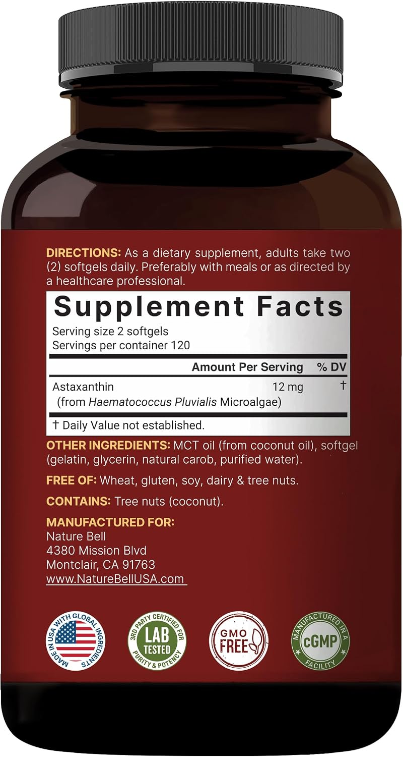 NatureBell Maximum Strength Astaxanthin 12mg, 240 Softgels - 4 Month Supply - Natural Antioxidant from Haematococcus Pluvialis Microalgae | Non-GMO, Gluten Free