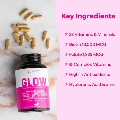 Glow Vitamins - Hair Skin and Nails Multivitamin Supplement - 10,000mcg Biotin Pills