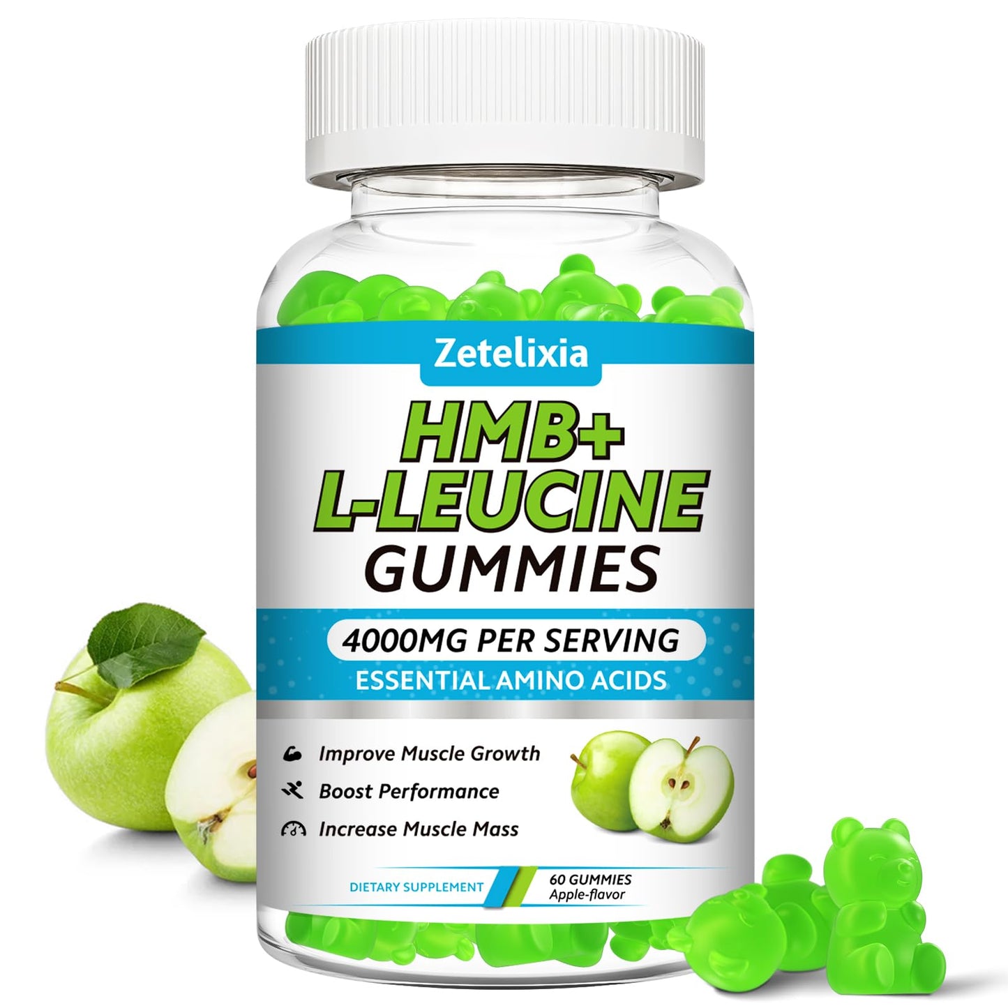 HMB and L-Leucine Gummies, 4000mg HMB and Leucine Supplements Amino Acid Gummies for Men & Women, Support Muscle Growth, Muscle Relief and Workout Recovery, Sugar-Free, Vegan, Apple Flavor, 120 Count