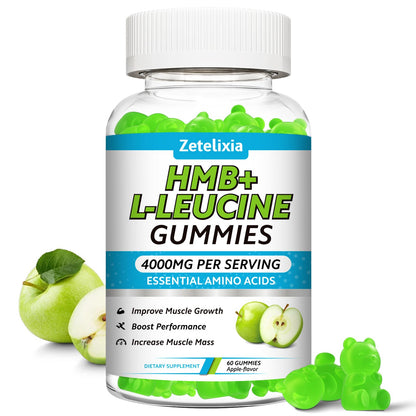 HMB and L-Leucine Gummies, 4000mg HMB and Leucine Supplements Amino Acid Gummies for Men & Women, Support Muscle Growth, Muscle Relief and Workout Recovery, Sugar-Free, Vegan, Apple Flavor, 120 Count