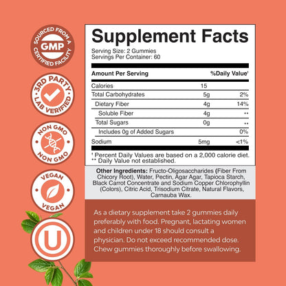 Fiber Gummies for Adults - Chicory Root Supplement with Prebiotic Support for Gut & Digestive Health - Soluble Digestion Capsules for Stomach Regulation & Immune Aid - Sugar Free & Vegan - 120 Count
