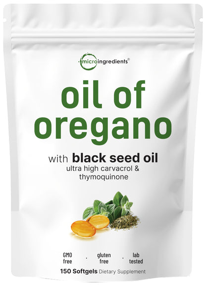 Micro Ingredients Oil of Oregano with Black Seed Oil, 300 Softgels | Naturally Occurring Carvacrol & Thymoquinone. 2-in-1 Oregano Oil Supplement. Non-GMO, Gluten Free, 3rd Party Tested.