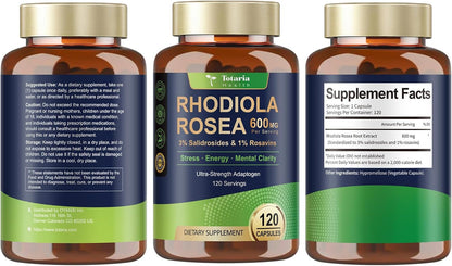 Totaria Rhodiola Rosea Supplement 600mg, 4 Month Supply, 3% Salidrosides 1% Rosavins, Vegan Golden Root Adaptogen Capsules, Rhodiola Rosea Extract Powder, for Stress, Mental Focus, Energy, 120 Counts