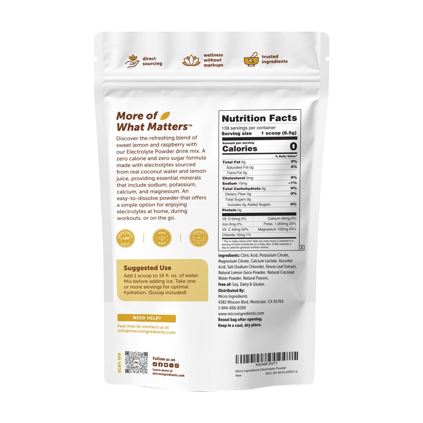 Micro Ingredients Electrolytes Powder, 2lbs (139 Servings) | Sugar Free | Lemon Raspberry Flavor | High Potassium (1,000mg) + Coconut Water & Real Lemon Juice | Keto Friendly, Non-GMO