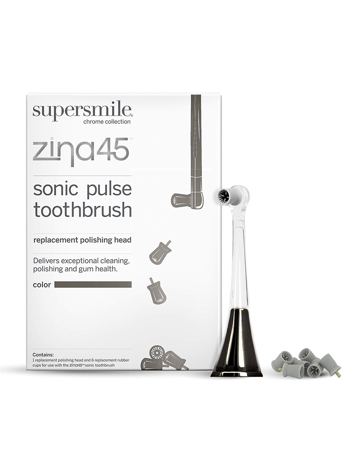 Supersmile Zina45 Replacement Polishing Head, Silver, Professional Tooth Polisher with Silicone Prophy Cup, Fits Zina45 Sonic Toothbrush, Enamel Safe