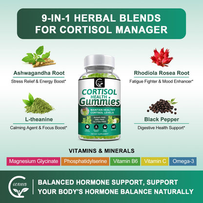 GORNVB Cortisol Gummies, Cortisol Supplement for Women with Magnesium, Ashwagandha, Rhodiola, Phosphatidylserine, L-Theanine, Black Pepper, Vitamin C & B6 - Relaxation, Focus, Sleep Support - 2 Pack