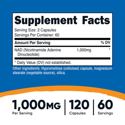 Nutricost NAD+ Supplement 1,000mg per Serving, 120 Capsules, 60 Servings | Nicotinamide Adenine Dinucleotide, Gluten-Free, Vegan