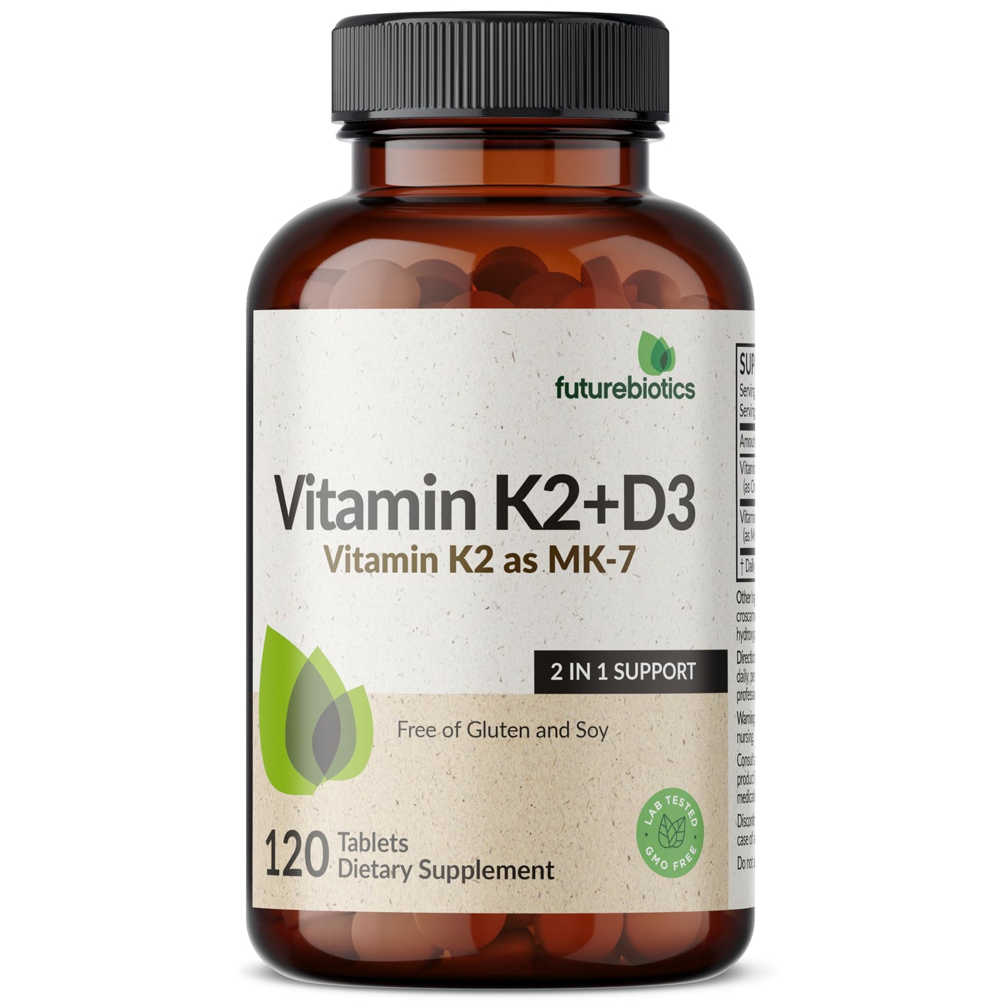Futurebiotics Vitamin K2 with D3, 2 in 1 Support, 5000 IU Vitamin D3 & 90 mcg Vitamin K2 MK-7 Non-GMO, 120 Tablets