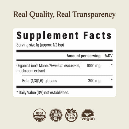Real Mushrooms Lions Mane Mushroom Supplement - Organic Lions Mane Extract Powder for Overall Wellness with Adaptogens – Functional Vegan, Non-GMO Blend with 60 Servings