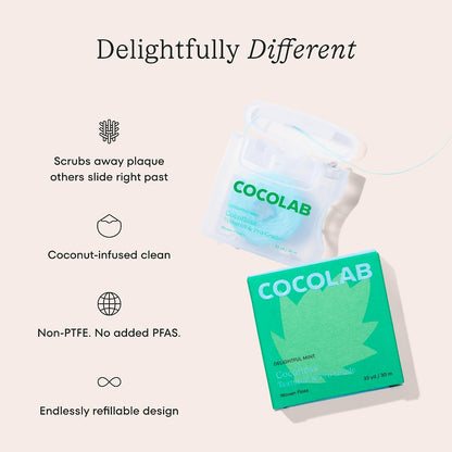 Cocolab Cocofloss Oral-Care Set, 4 Spools Dental Floss & 1 Cocoshine, Woven String Floss with Coconut Oil, Powerful Whitening Toothpaste, Dentist-Designed, Delightful Mint