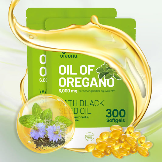 VivoNu Oil of Oregano Capsules, Balanced Oil of Oregano with Black Seed Oil, Organic OreganoOil Softgels,Carvacrol,Thymoquinone, Non-GMO (600pcs/2Bags)