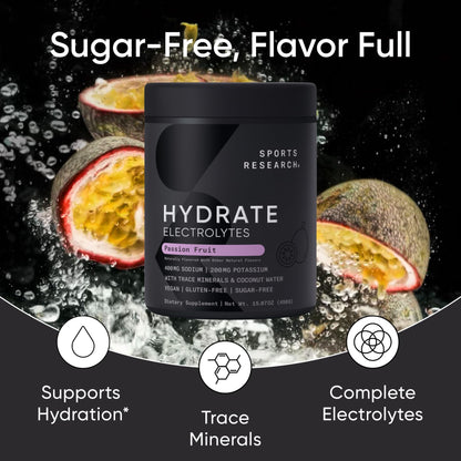 Sports Research® Hydrate Electrolytes Powder Packets - Sugar-Free & Naturally Flavored with Vitamins, Minerals, and Coconut Water - Supports Hydration - 16 Packets - Variety Pack | Sugar-Free