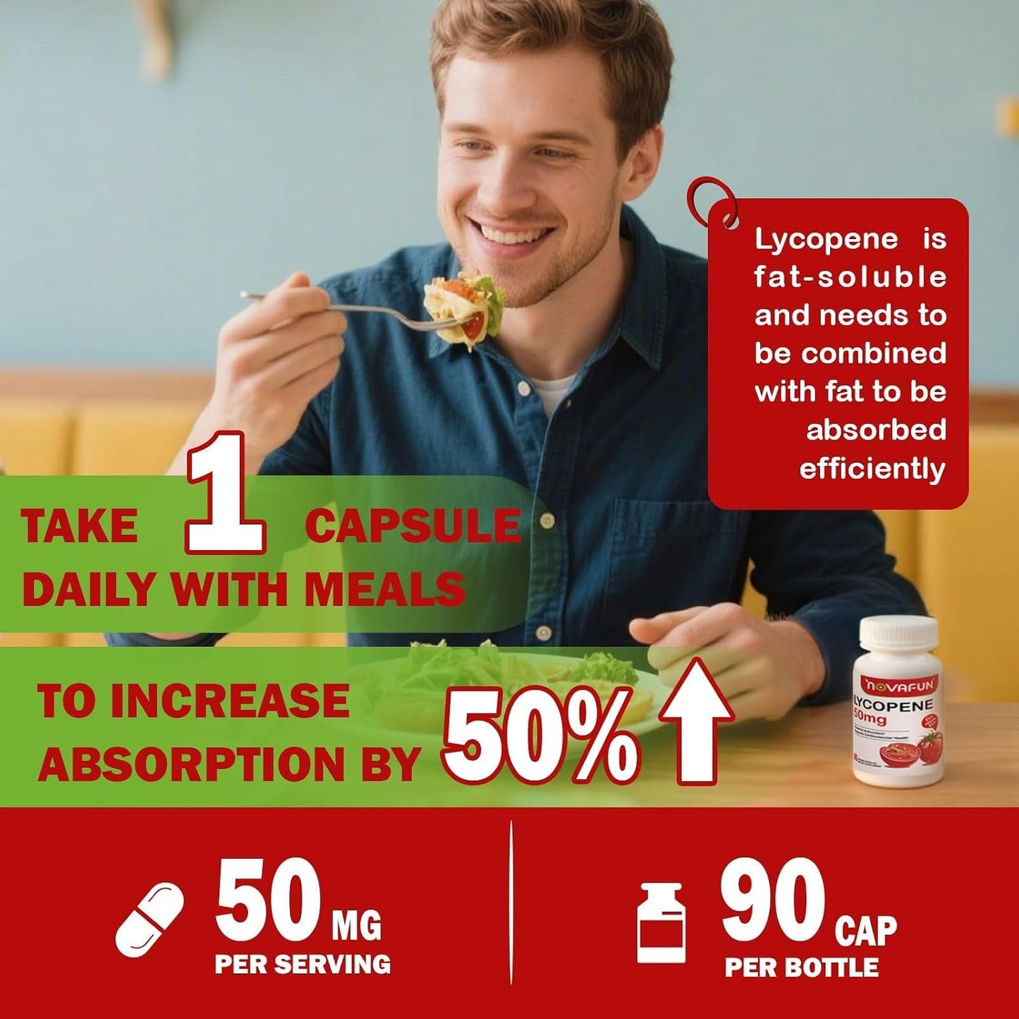 Lycopene 50mg Supplements for Men, Natural Tomato Antioxidant Supplement, 90 Veggie Capsules-Cardiovascular Health, Immune Support & Skin Health, 3 Month Supply