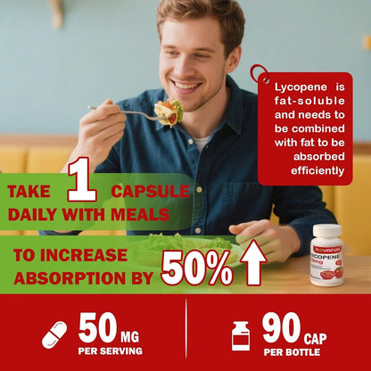 Lycopene 50mg Supplements for Men, Natural Tomato Antioxidant Supplement, 90 Veggie Capsules-Cardiovascular Health, Immune Support & Skin Health, 3 Month Supply