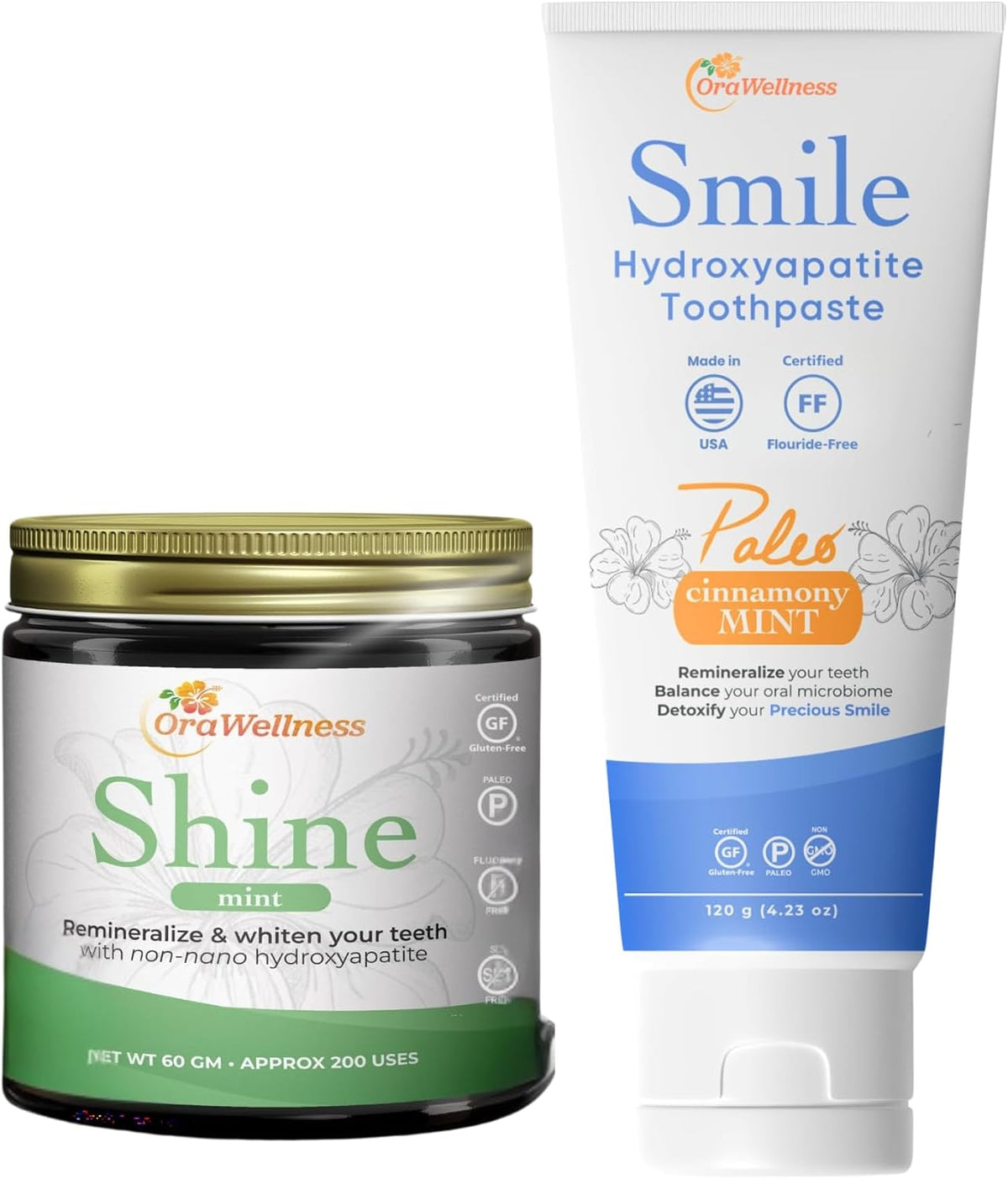 OraWellness Shine Mint Remineralizing Tooth Whitening Powder + Smile Cinnamony Mint Toothpaste, American Made Flouride Free Hydroxyapatite Toothpaste with Remineralizing Xylitol & Non Nano Hydroxyapat