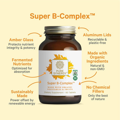 PURE SYNERGY Super B-Complex | Vitamin B Complex Made with Organic Whole Foods | Vegan Supplement with Natural Vitamin B12, Niacin, and Folate | for Energy, Focus and Mood Support (60 Tablets)