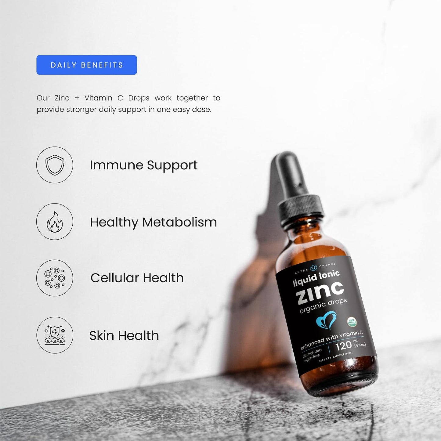 NutraChamps Liquid Zinc for Kids & Adults, Vegan, Pure Ionic Zinc Drops Enhanced with Vitamin C, Supplements for Immune Support, Sugar-Free Liquid 4 oz