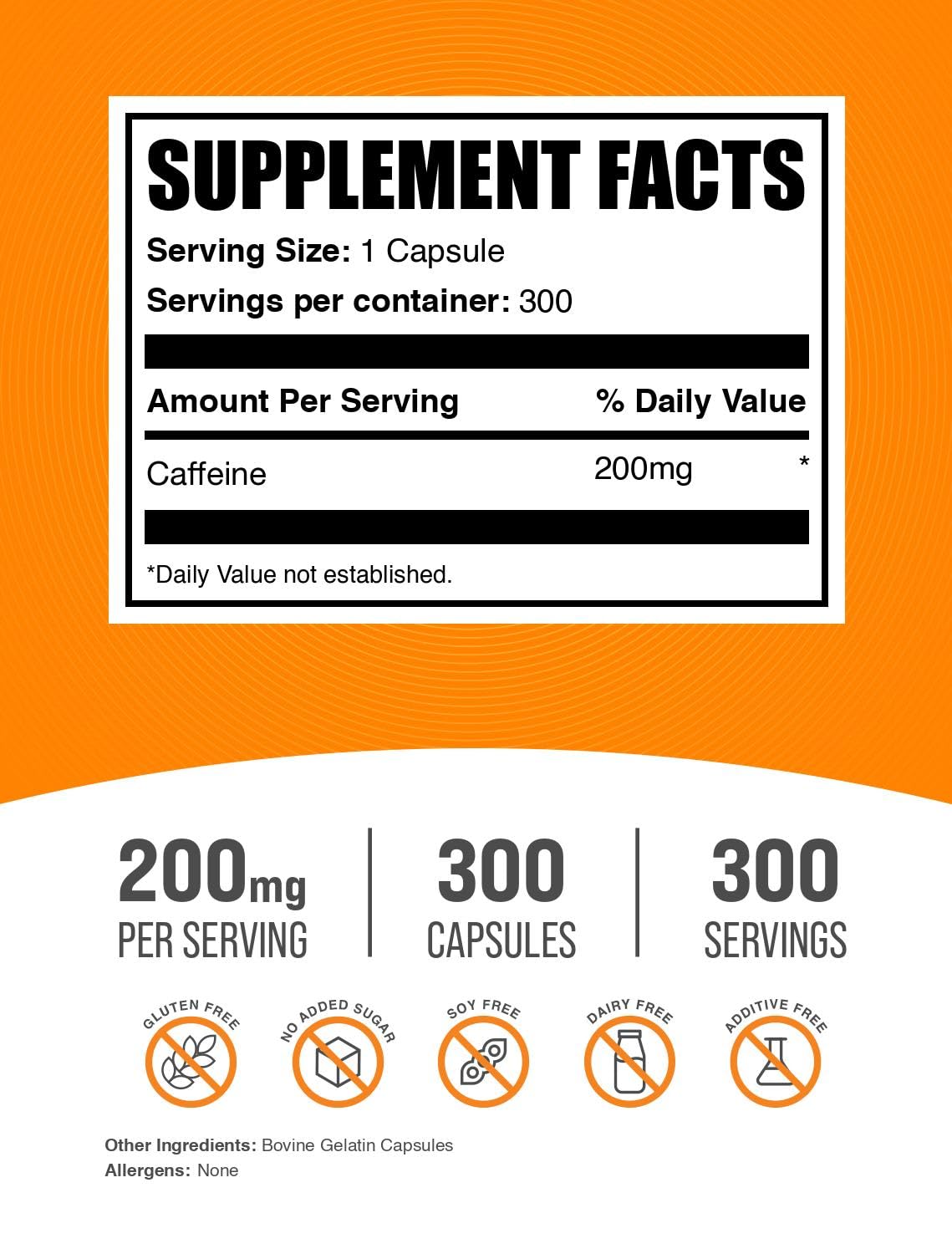 BulkSupplements.com Caffeine 200mg Capsules - Supplement for Energy Boost, Caffeine Pills 200mg - Gluten Free, 1 Capsule per Serving, 120 Count (Pack of 1)