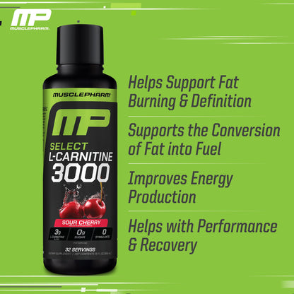 Muscle Pharm L-Carnitine 3000, The Ultimate Liquid L Carnitine Supplement for High-Performance, Supports Metabolism, Hydration & Energy, Zero Sugar, Low Calories, Sour Cherry Flavor, 32 Servings