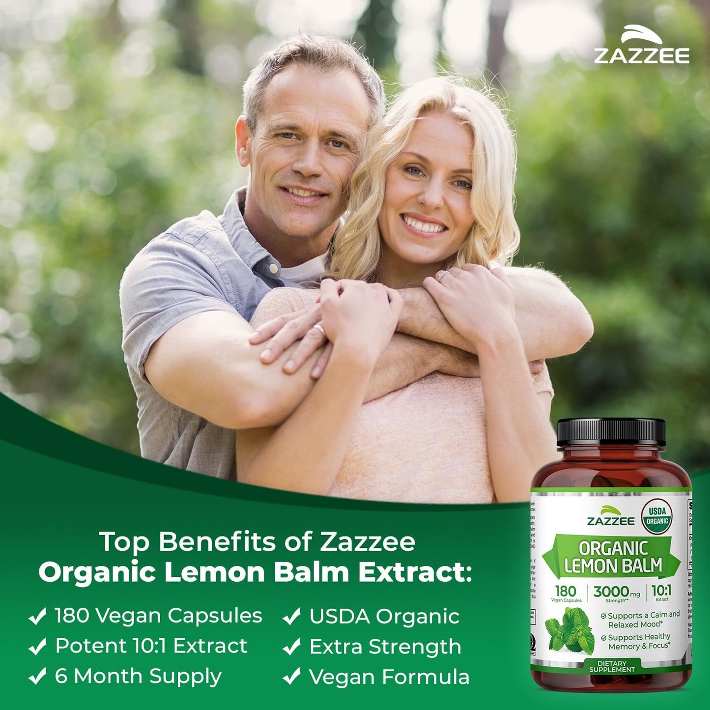 Zazzee USDA Organic Lemon Balm 10:1 Extract, 180 Capsules, 6 Month Supply | Vegan, All-Natural, Non-GMO, Melissa Officinalis, Calm, Mood, Stress & Relaxation Support, Herbal Supplement, Made in the USA