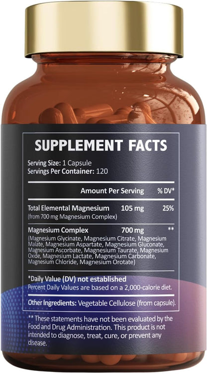Totaria Magnesium Complex 700mg 12 in 1 Magnesium Supplement with Glycinate Citrate Malate Oxide Taurate Aspartate Orotate Magnesium Relaxation,Muscle,Heart Support, Vegan 120 Capsules