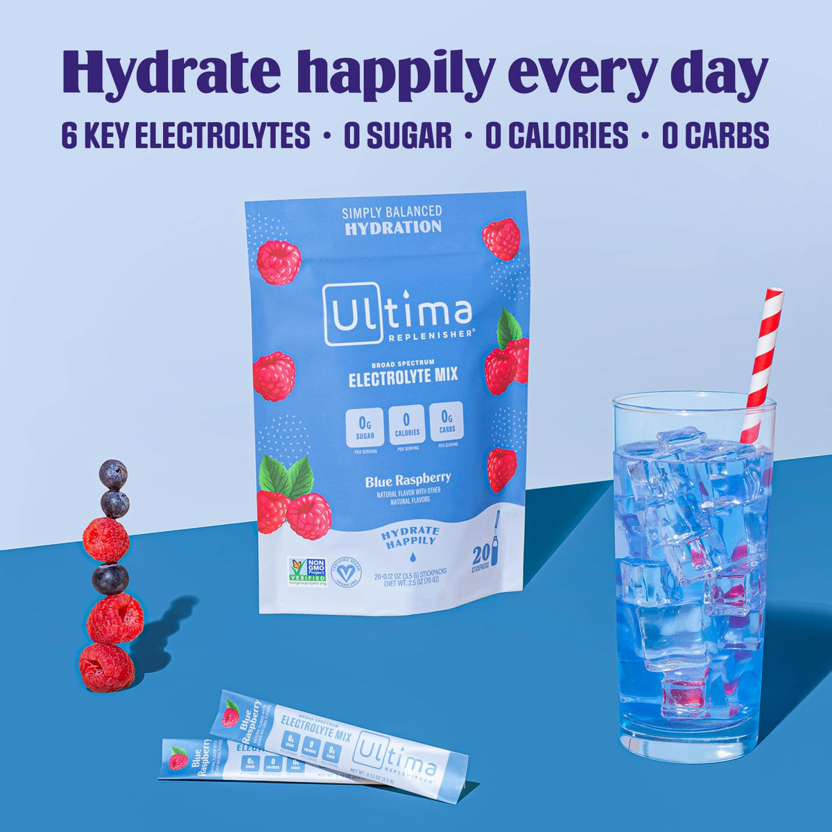 Ultima Replenisher Daily Electrolyte Drink Mix – Blue Raspberry, 20 Stickpacks – Hydration