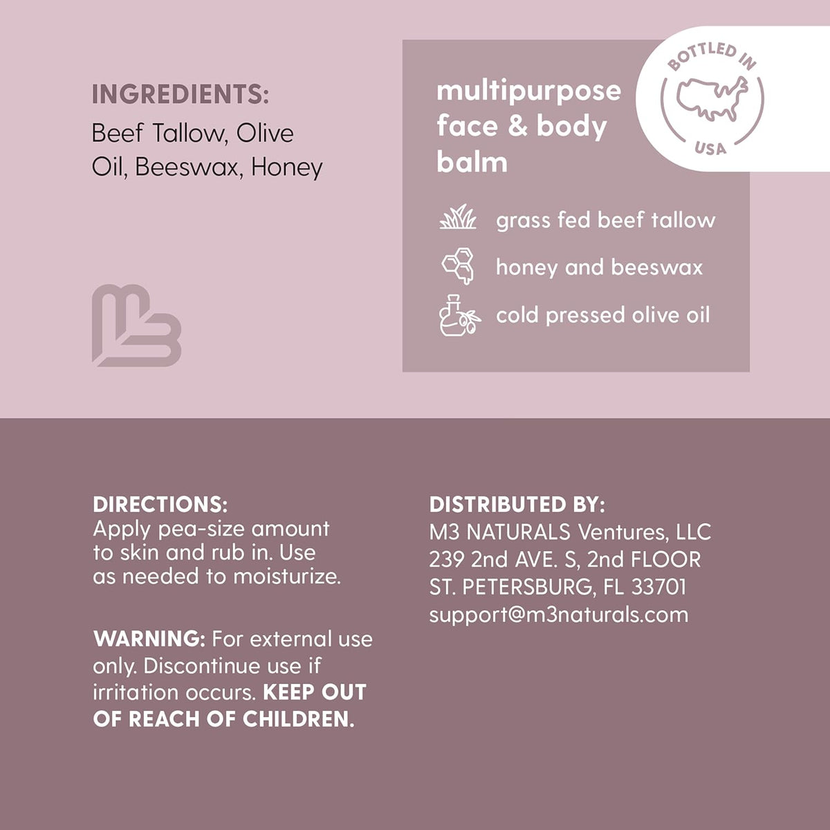 M3 Naturals Grass Fed Beef Tallow and Honey Balm for Face (Unscented, 2oz)