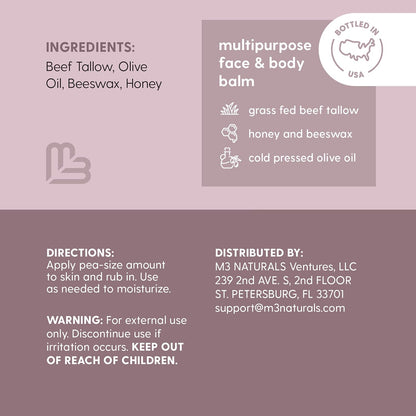 M3 Naturals Grass Fed Beef Tallow and Honey Balm for Face (Unscented, 2oz)
