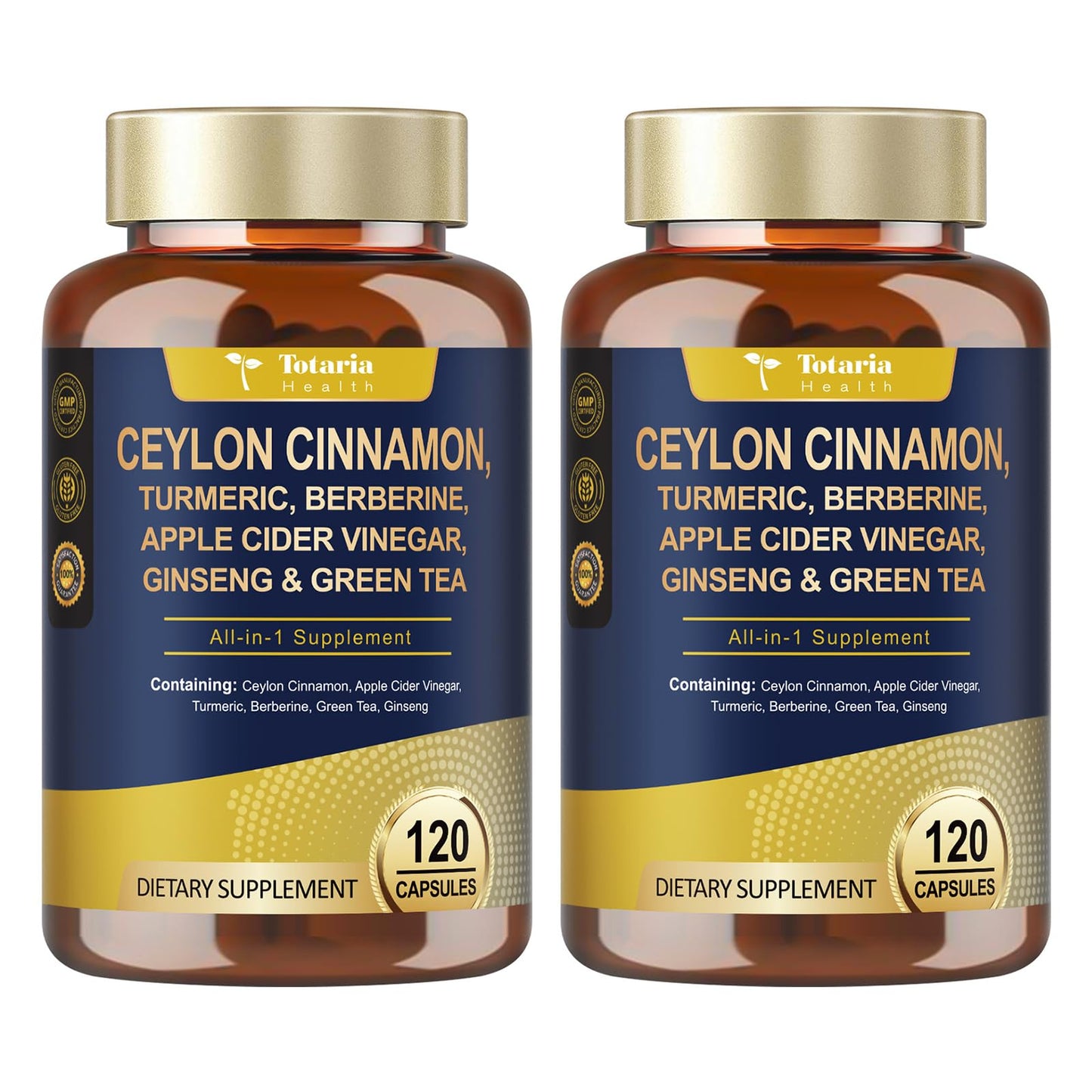 Totaria 18-in-1 Organic Ceylon Cinnamon Capsules with Berberine, Ceylon Cinnamon Supplement w/Apple Cider Vinegar Turmeric Bitter Melon Milk Thistle, for Metabolism, Energy, Heart*, 120 Counts