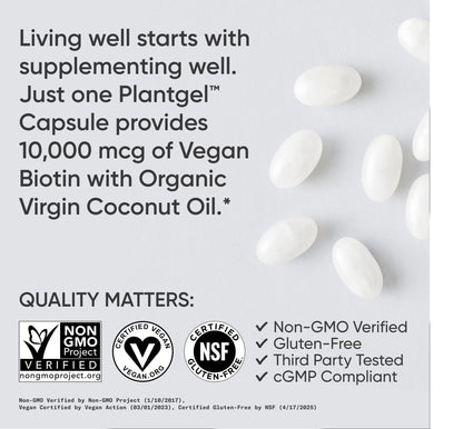 Sports Research® Biotin 10,000mcg with Organic Coconut Oil - Biotin (Vitamin B7) for Healthy Skin and Hair Support* - for Women and Men - Vegan, Non-GMO, Gluten & Soy-Free - 120 Veggie Softgels