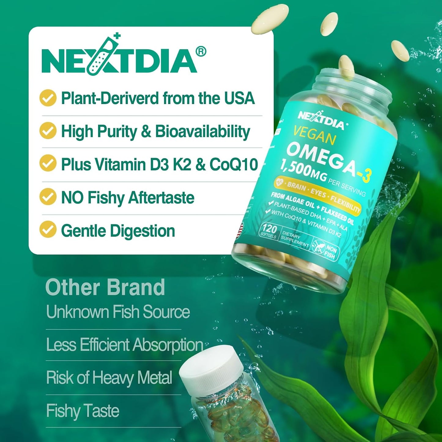 Vegan Omega 3 EPA DHA ALA Supplement + CoQ10, Vitamin D3 K2 (MK7) for Women Men | 1500mg Algae Oil as Fish Oil Alternative | Plant Based Omega 3 Mini Softgels for Bone, Brain, Eye, Skin | 120 Pills