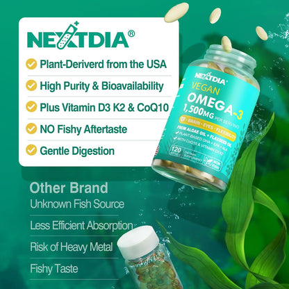 Vegan Omega 3 EPA DHA ALA Supplement + CoQ10, Vitamin D3 K2 (MK7) for Women Men | 1500mg Algae Oil as Fish Oil Alternative | Plant Based Omega 3 Mini Softgels for Bone, Brain, Eye, Skin | 120 Pills