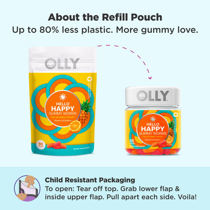 OLLY Hello Happy Gummy Worms, Mood Balance Support, Vitamin D, Saffron, Adult Chewa