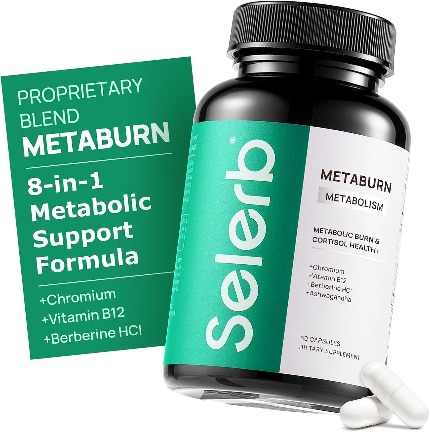 Selerb Metaburn Weight Loss Pills for Women & Men - Appetite Suppressant & Fat Burner, Metabolism Support Weight Loss Supplement with Berberine, Chromium, Green Tea & B12-60 Capsules