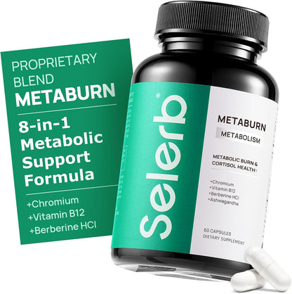 Selerb Metaburn Weight Loss Pills for Women & Men - Appetite Suppressant & Fat Burner, Metabolism Support Weight Loss Supplement with Berberine, Chromium, Green Tea & B12-60 Capsules