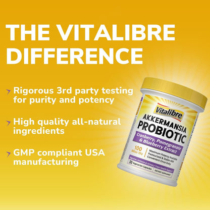 Vitalibre Akkermansia Probiotics 100 Billion TFU, Pasteurized Akkermansia Muciniphila, w/Cranberry, Blueberry & Pomegranate, Digestive & Immune Health, Leaky Gut, GLP-1 Supplement, 30 Vegan Capsules