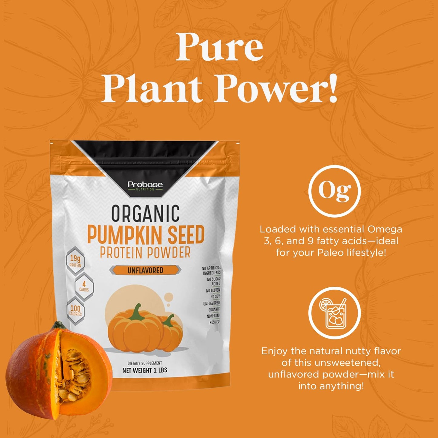 Probase Nutrition, Pumpkin Seed Protein Powder, Unsweetened Plant-Based Pumpkin Protein Powder, Ideal for Post-Activity Support, Pumpkin Powder is Rich in Omega 3, 6, 9 | 1 lb, Cold Pressed | 19 Grams Plant Based Protein, Without Artificial Sweeteners, No