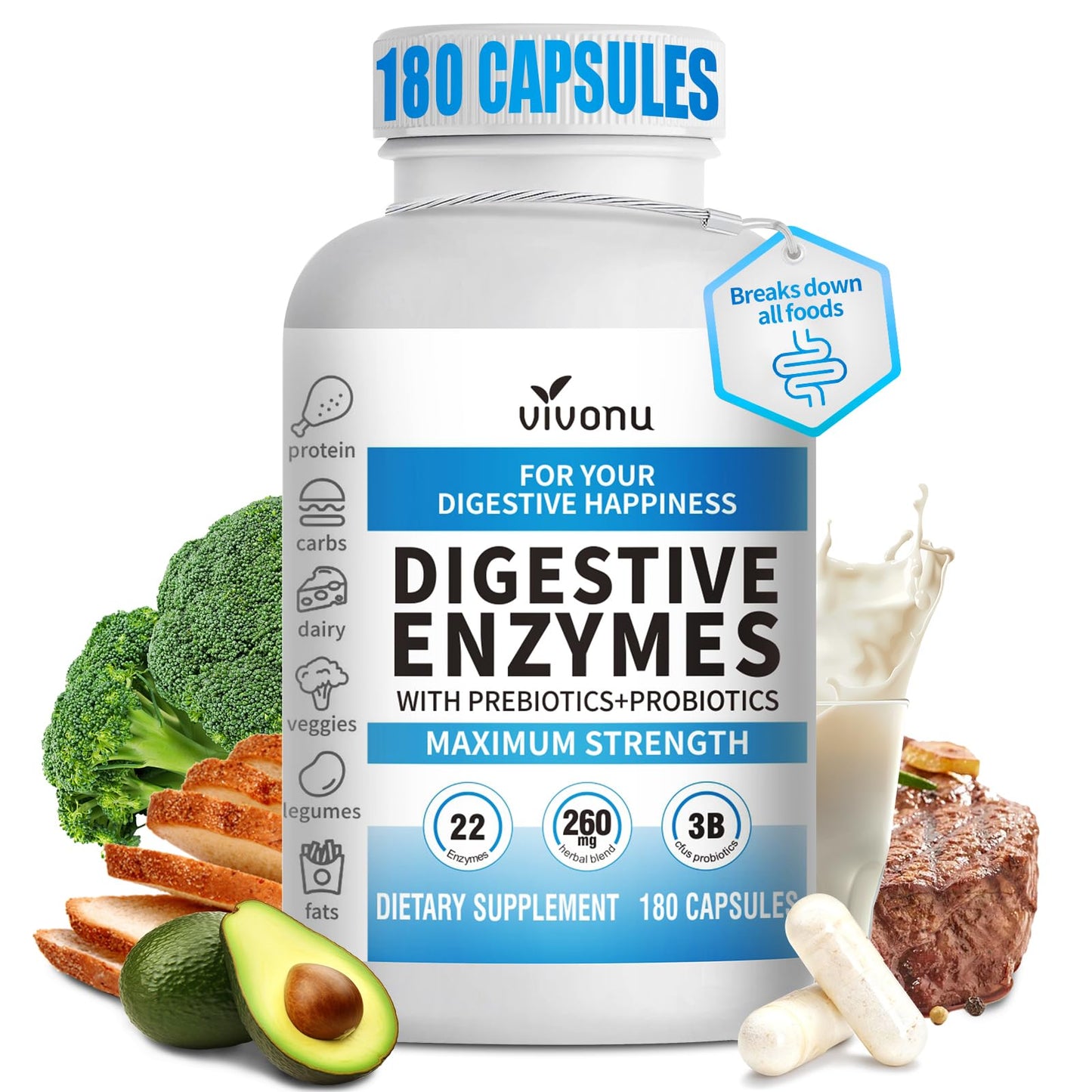 VivoNu Digestive Enzymes | 22 Enzymes with Organic Prebiotics & Probiotics | Supports Digestion* of Protein, Carbs, Fiber & Dairy | 180 Capsules