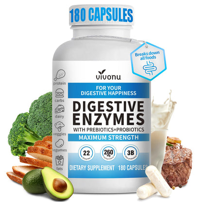 VivoNu Digestive Enzymes | 22 Enzymes with Organic Prebiotics & Probiotics | Supports Digestion* of Protein, Carbs, Fiber & Dairy | 180 Capsules