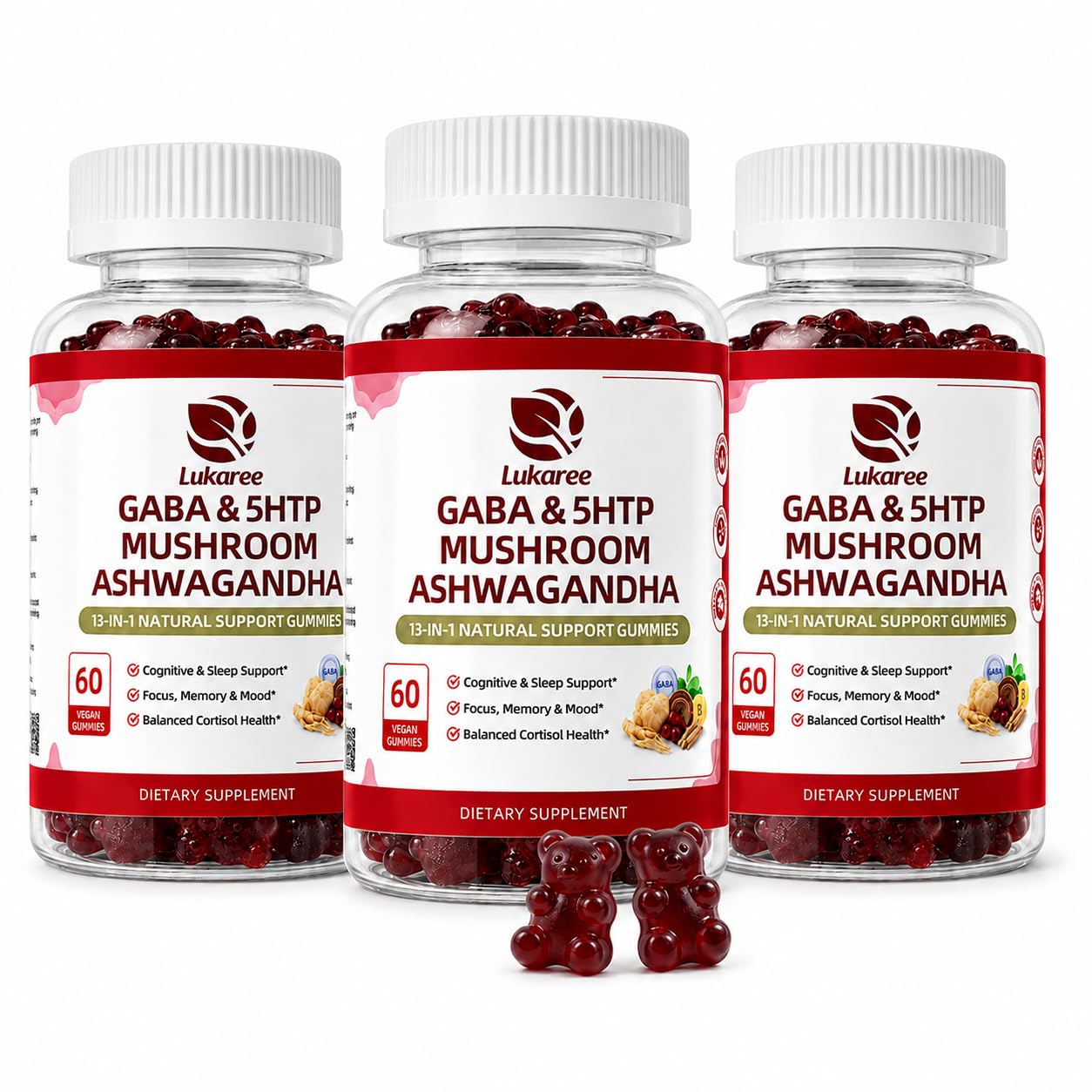 GABA & Mushroom Gummies Supplement for Sleep & Brain Support,Extra Strength | Plus Mushroom Complex, 5‑HTP & Tart Cherry, No Melatonin for Natural Sleep, Berry Flavor-Sugar Free, 60 Gummies