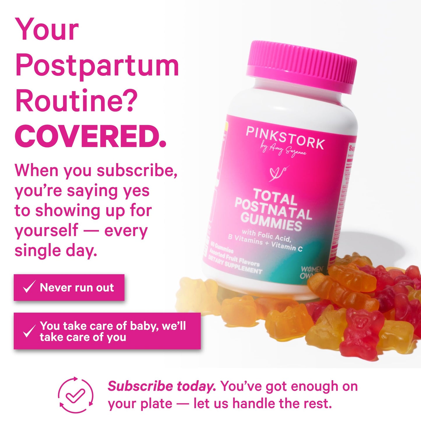 Pink Stork Total Postnatal Vitamin Gummies, 60 Count | Multivitamin for Postpartum Recovery, Lactation Support, Folic Acid, B6, Zinc, + Vitamin C, Postpartum Essentials