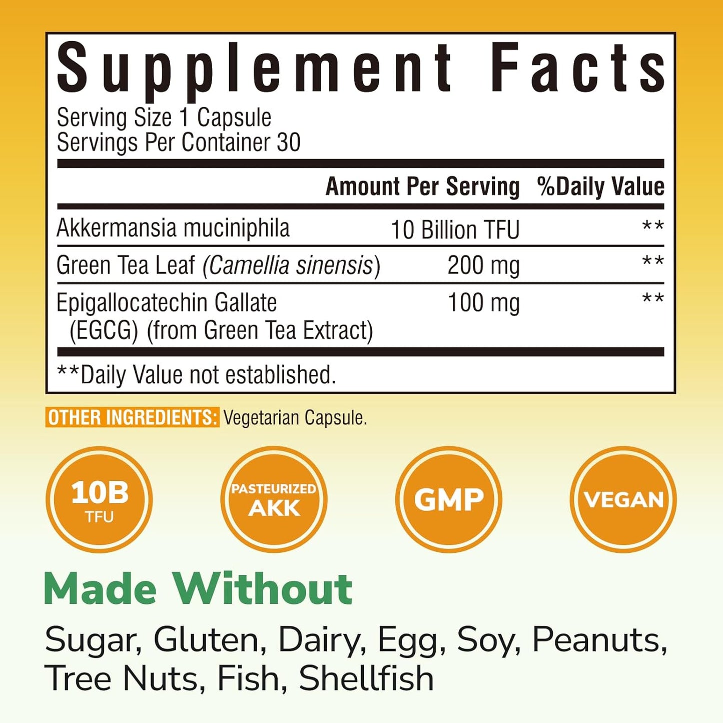 Vitalibre Akkermansia Probiotic 10 Billion TFU, with Concentrated EGCG from Green Tea Extract, GLP-1 Supplement for Gut Health, Metabolism Support & Sustain Energy Levels, 30 Vegan Capsules, No Gluten