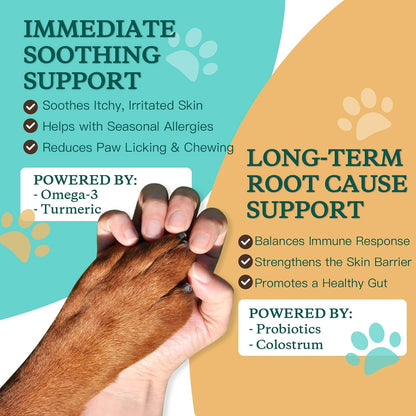 NATURE TARGET Dog Allergy Chews, Skin & Gut, Real Chicken, Freeze-Dried | Probiotics & Colostrum, Omega 3, Soothes Hot Spots, Stops Paw Licking, Digestive Health, Daily Immune Support, 120 Chews