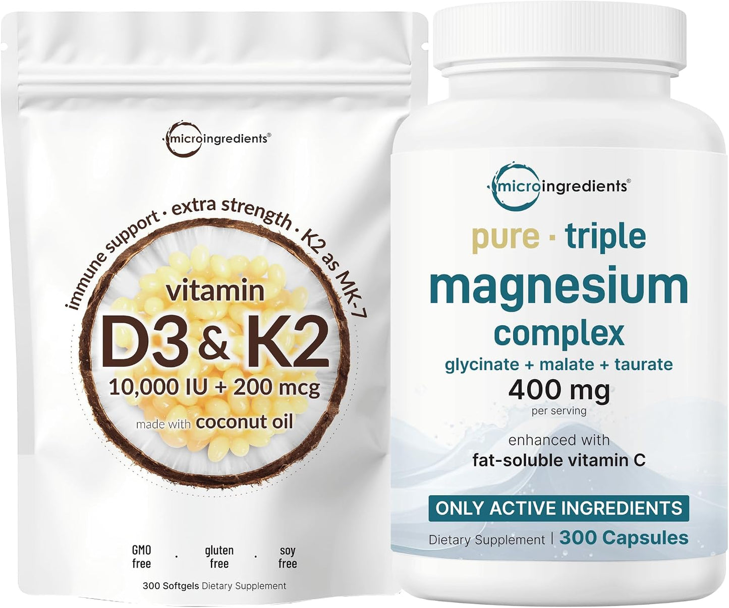 Micro Ingredients Vitamin D3 10,000iu + K2 200mcg Softgels & Pure Triple Magnesium Complex 400mg Capsules | 2 Pack Bundle | Essential D & K Sunshine Vitamins | Glycinate, Malate, & Taurate Forms