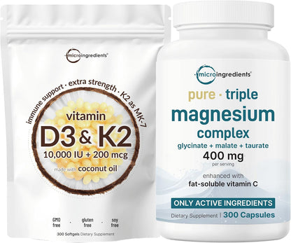 Micro Ingredients Vitamin D3 10,000iu + K2 200mcg Softgels & Pure Triple Magnesium Complex 400mg Capsules | 2 Pack Bundle | Essential D & K Sunshine Vitamins | Glycinate, Malate, & Taurate Forms