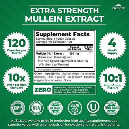 Zazzee Extra Strength Mullein Leaf 10:1 Extract, 120 Vegan Capsules, 4 Month Supply, Verbascum Thapsus, Respiratory & Lung Support, Certified Kosher, 100% Pure Leaf Powder, Non-GMO, Made in the USA