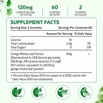 Ginkgo Biloba Gummies for Women and Men, Brain Supplement Improve Better Mood and Focus, Vegan Mixed Berry Flavor 60 Count