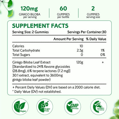 Ginkgo Biloba Gummies for Women and Men, Brain Supplement Improve Better Mood and Focus, Vegan Mixed Berry Flavor 60 Count
