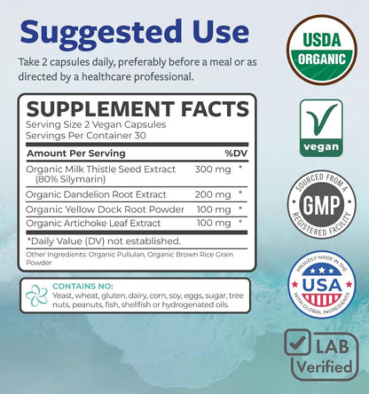 USDA Organic Milk Thistle and Dandelion Root - Silymarin Milk Thistle Liver Detox Cleanse Formula with Artichoke Extract for Comprehensive Liver Support - Vegan Non-GMO & Lab Verified (1 Month Supply)
