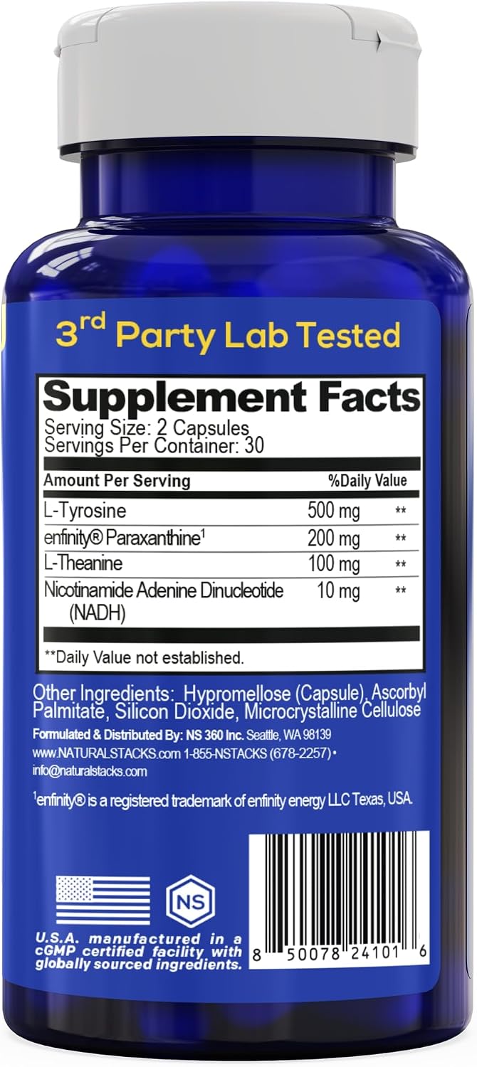 NeuroAlert Paraxanthine 200mg Caffeine Free Energy Supplement, 60 Capsules | With L-Tyrosine, L-Theanine and NADH. Smooth focus and mental drive without jitters or crash. Ideal for work and workouts.